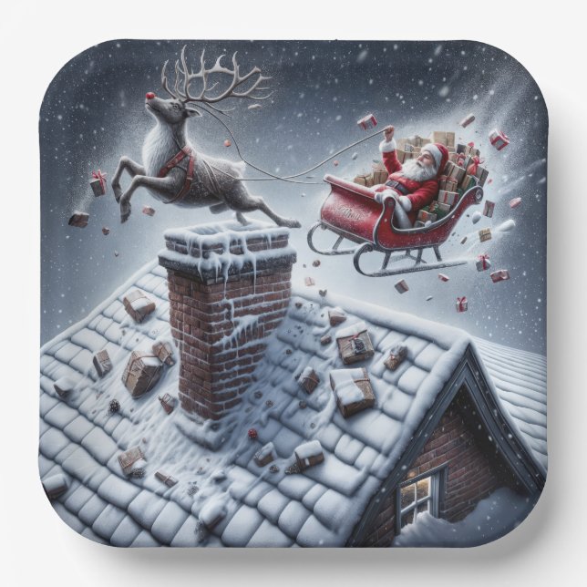 Reindeer Mishap On a Snowy Roof Paper Plates (Front)