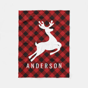 Reindeer Monogram Deep Red Buffalo Plaid Fleece Blanket