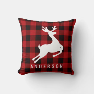 Reindeer Monogram Deep Red Buffalo Plaid Throw Pillow