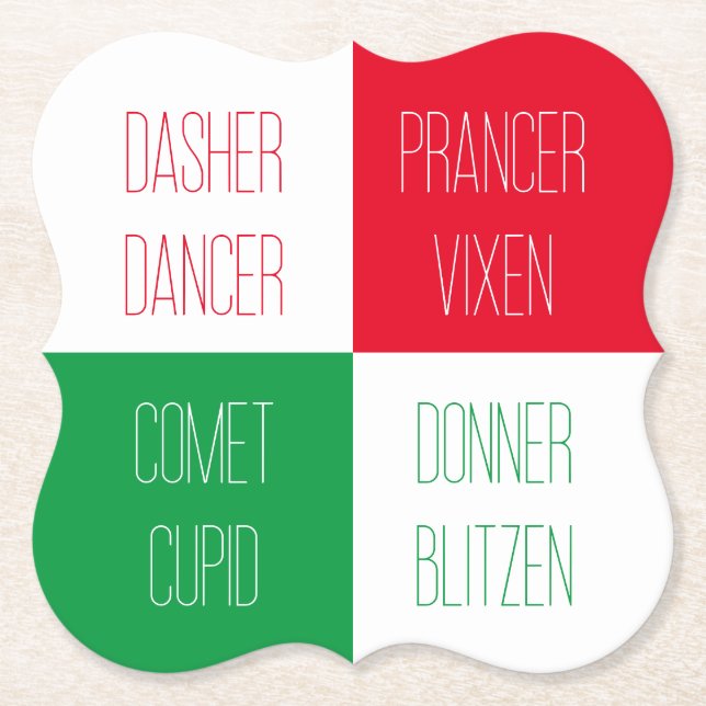 REINDEER NAMES Bracket Paper Coasters  (Front)