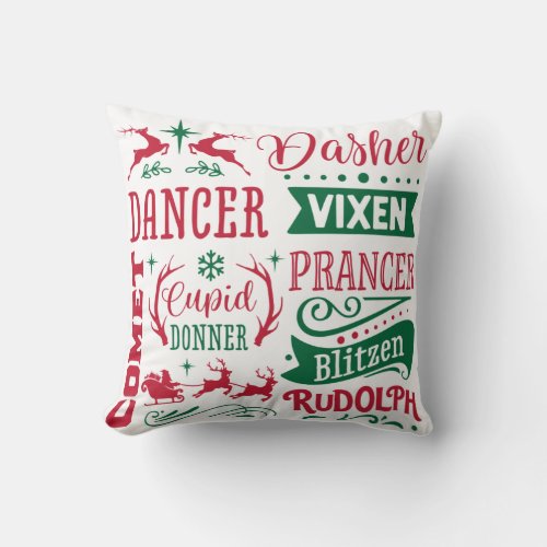 Reindeer Names Christmas Home Decor Throw Pillow