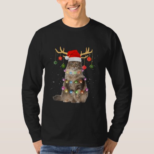 Reindeer Norwegian Forest Cat Santa Hat Christmas T_Shirt