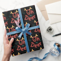 Reindeer Oh My Deer Text Patterned Black Wrapping Paper