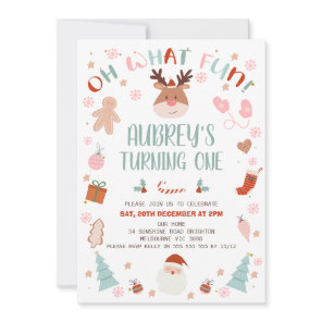 Reindeer Oh What Fun Christmas 1st Birthday Invitation