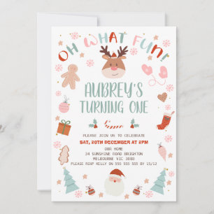 Reindeer Oh What Fun Christmas 1st Birthday Invitation