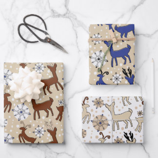 Reindeer On Blue and Brown Wrapping Paper Sheets