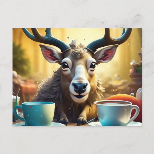 Reindeer on Coffee Ready to Ride Christmas Postcard