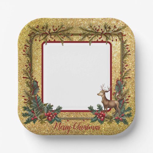 Reindeer on Gold Glitter 7x7 Paper Plates