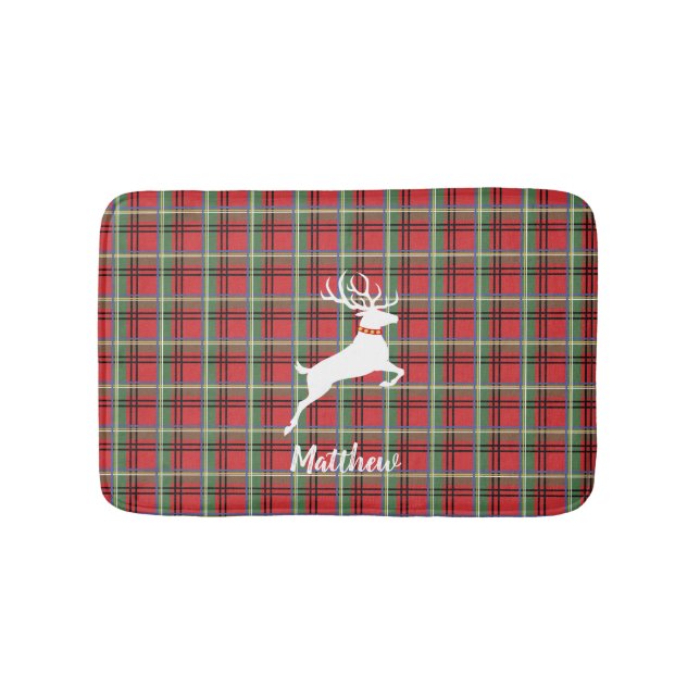 Reindeer on Red and Green Tartan Christmas Plaid Bath Mat (Front)