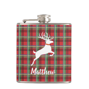 Reindeer on Red and Green Tartan Christmas Plaid Flask