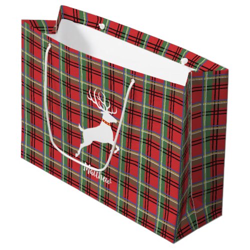 Reindeer on Red and Green Tartan Christmas Plaid Large Gift Bag