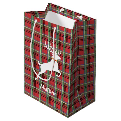 Reindeer on Red and Green Tartan Christmas Plaid Medium Gift Bag