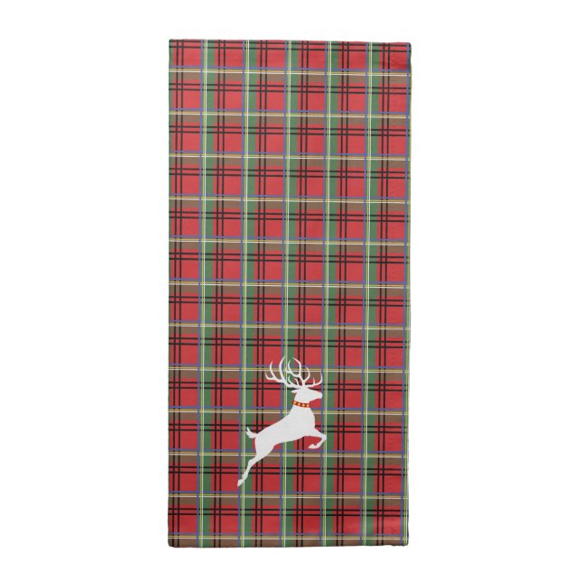 Reindeer on Red and Green Tartan Christmas Plaid Napkin (Half Fold)