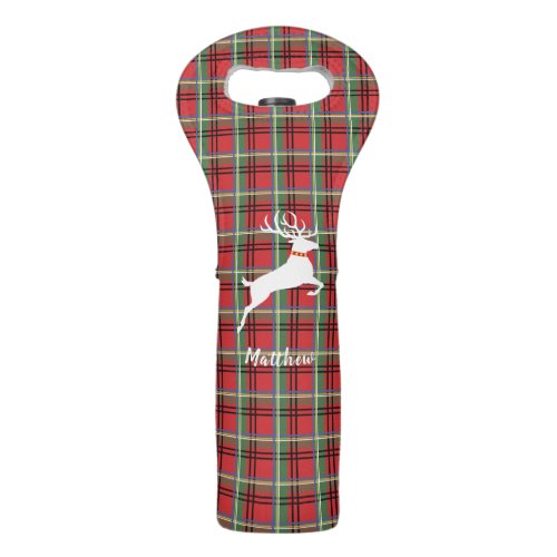 Reindeer on Red and Green Tartan Christmas Plaid Wine Bag