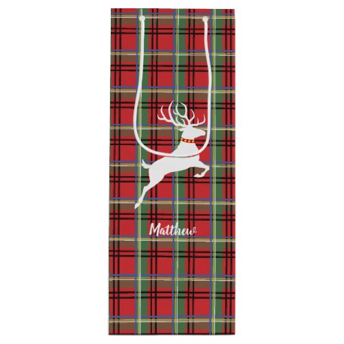 Reindeer on Red and Green Tartan Christmas Plaid Wine Gift Bag