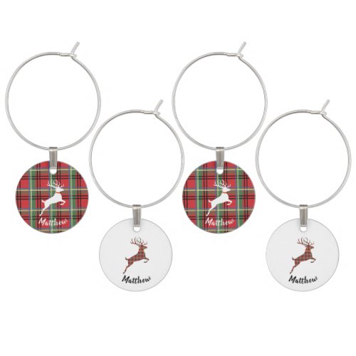 Reindeer on Red and Green Tartan Christmas Plaid Wine Glass Charm