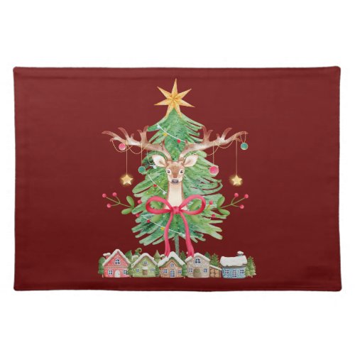 Reindeer Ornaments and Tree Christmas Holiday Cloth Placemat