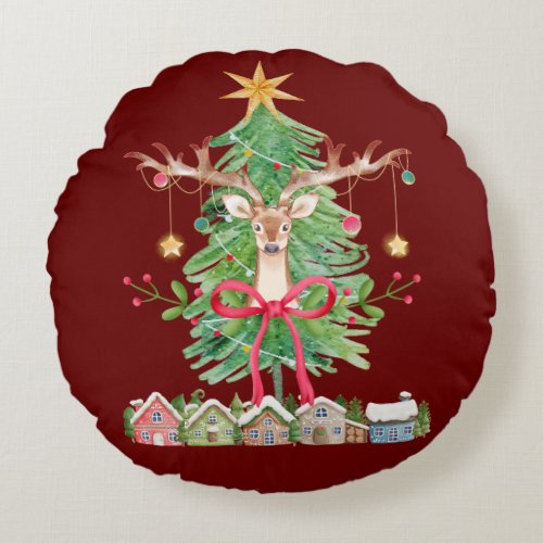 Reindeer Ornaments and Tree Christmas Holiday Round Pillow