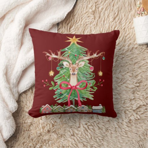 Reindeer Ornaments and Tree Christmas Holiday Throw Pillow
