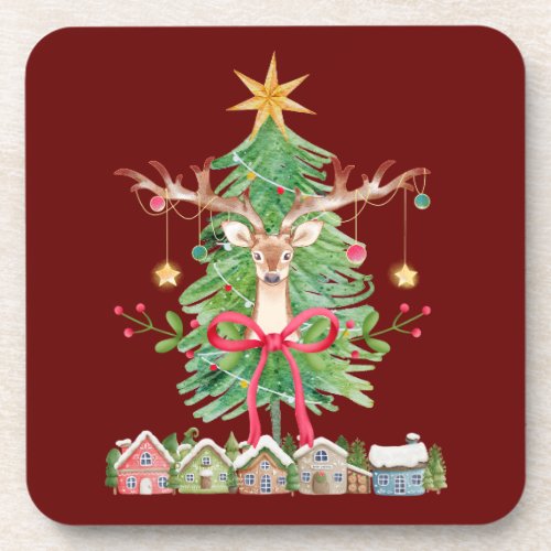 Reindeer Ornaments and Tree Holiday Coaster Set 6