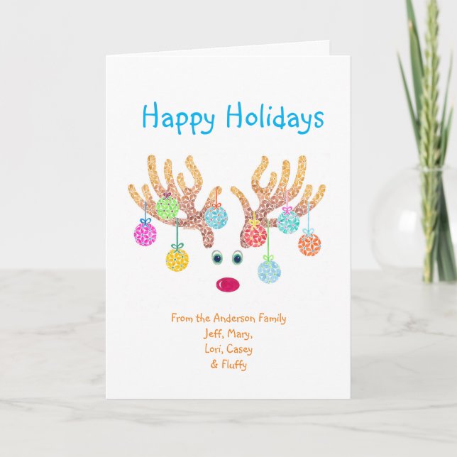 Reindeer & Ornaments customizable Christmas Card (Front)
