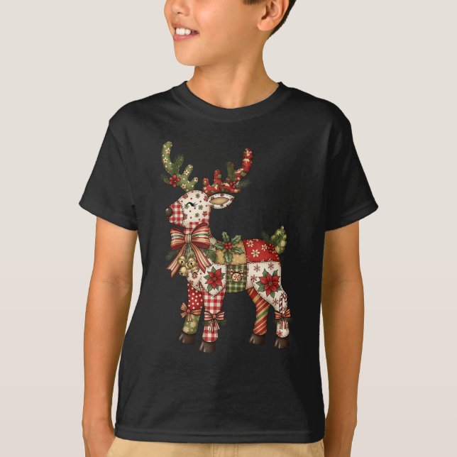 Reindeer Patchwork Coquette Bow Christmas Pajamas  T-Shirt (Front)