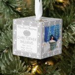 Reindeer Pattern Baby My First Christmas 3 Photo Cube Ornament<br><div class="desc">Create a keepsake your child will cherish for a lifetime with this gray and white reindeer pattern modern rustic three photo design with your unique quotation or message on bottom. Front includes "My First Christmas" text calligraphy, your child's name, birthdate and year, weight and length at time of birth. A...</div>