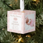 Reindeer Pattern Baby My First Christmas 3 Photo Cube Ornament<br><div class="desc">Create a keepsake your child will cherish for a lifetime with this pink and white reindeer pattern modern rustic three photo design with your unique quotation or message on bottom. Front includes "My First Christmas" text calligraphy, your child's name, birthdate and year, weight and length at time of birth. A...</div>