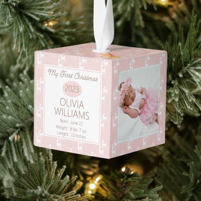 Reindeer Pattern Baby My First Christmas 3 Photo Cube Ornament (Tree)