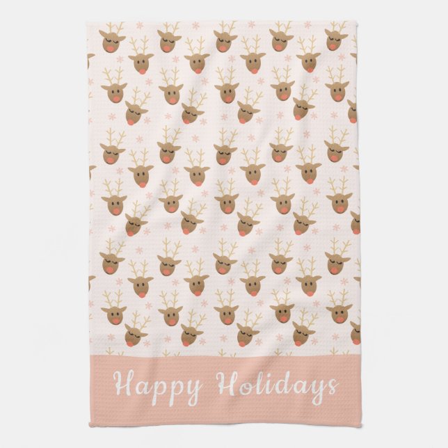 Reindeer Pattern Happy Holidays Orange Kitchen Towel (Vertical)