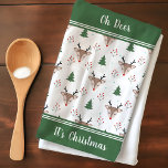 Reindeer Pattern Personalized Christmas Kitchen Towel<br><div class="desc">Celebrate the holiday season with this customizable kitchen tea towel that features a cute reindeer pattern accented with decorated Christmas trees, holly berries, and delicate snowflakes. Two customizable text areas with the phrases, “Oh Deer, ” and, “It’s Christmas Time, ” add an extra touch of charm. Personalize this design with...</div>