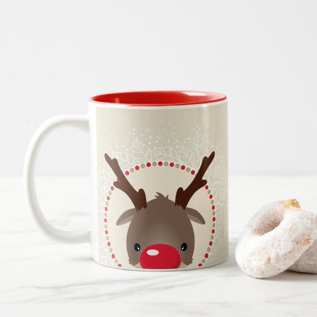 REINDEER PEEKING cute red nose rudolph ivory gold Two-Tone Coffee Mug (With Donut)