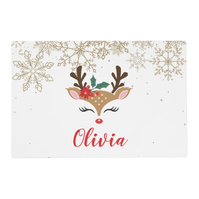 Reindeer Personalized Christmas Gold Snowflakes Placemat (Front)