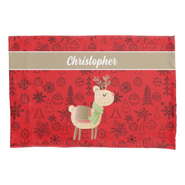 Reindeer Pillow Case, custom script red Case (Front)