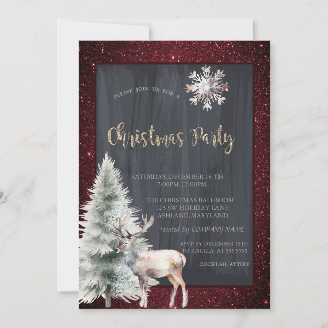Reindeer Pine Tree Red Glitter Christmas Invitation (Front)