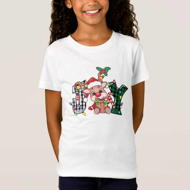 Reindeer Plaid Letters JOY Christmas Text T-Shirt (Front)
