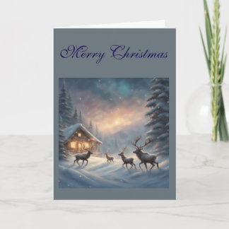 Reindeer play in the snow Christmas cabin Card