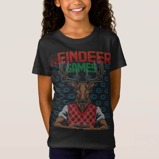 Reindeer Playing Video Game Gamer Ugly Christmas S T-Shirt (Front)