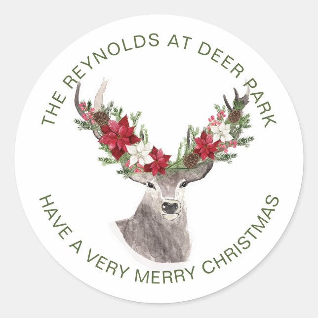 Reindeer, Poinsettia Christmas Classic Round Sticker (Front)