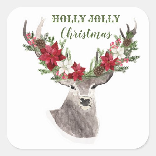 Reindeer Poinsettia Christmas Square Sticker