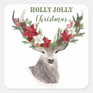 Reindeer, Poinsettia Christmas Square Sticker