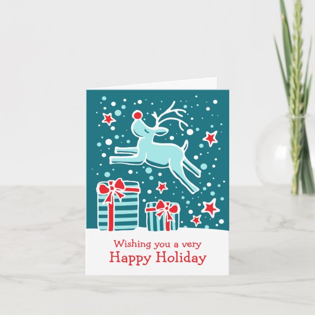 Reindeer prancing gifts teal green Christmas card (Front)