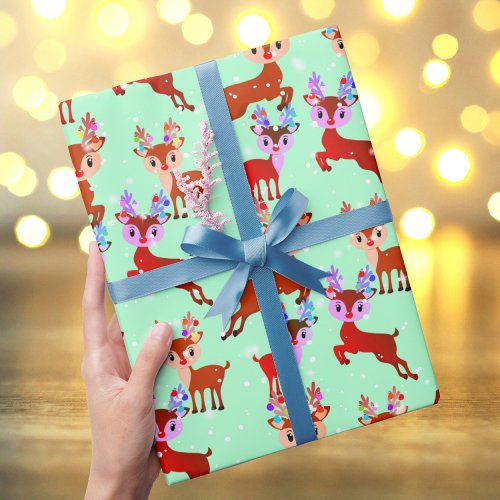 Reindeer prancing jumping cute adorable wrapping paper