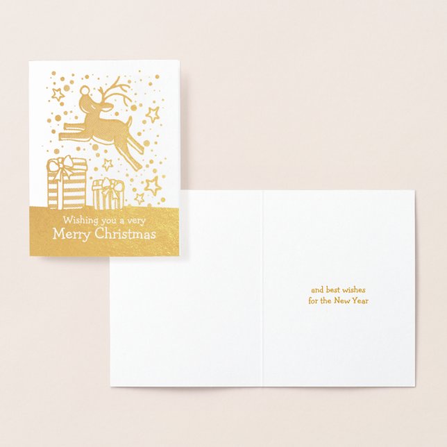 Reindeer prancing over gifts Christmas gold card (Display)