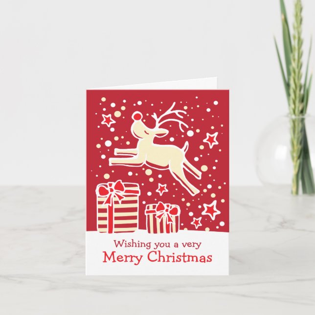 Reindeer prancing over gifts red Christmas card (Front)