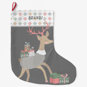 Reindeer Presents Diamond Pattern Border Large Christmas Stocking