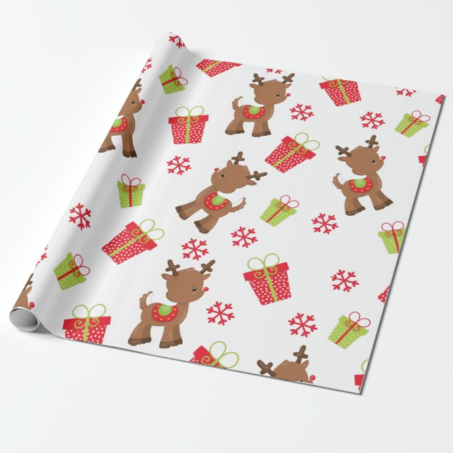 Reindeer Presents Snowflakes Christmas Pattern Wrapping Paper (Unrolled)