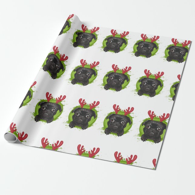 Reindeer Pug Wrapping Paper (Unrolled)