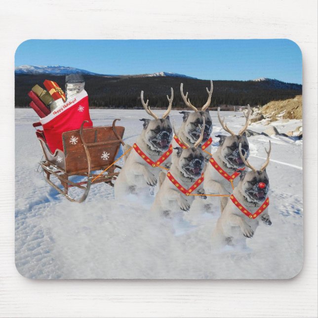 Reindeer Pugs Pulling Santa's Sleigh Mousepad (Front)