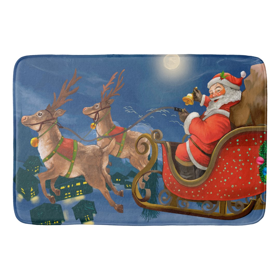 Reindeer Pulling Santa Claus Sleigh Christmas Bath Mat Zazzle